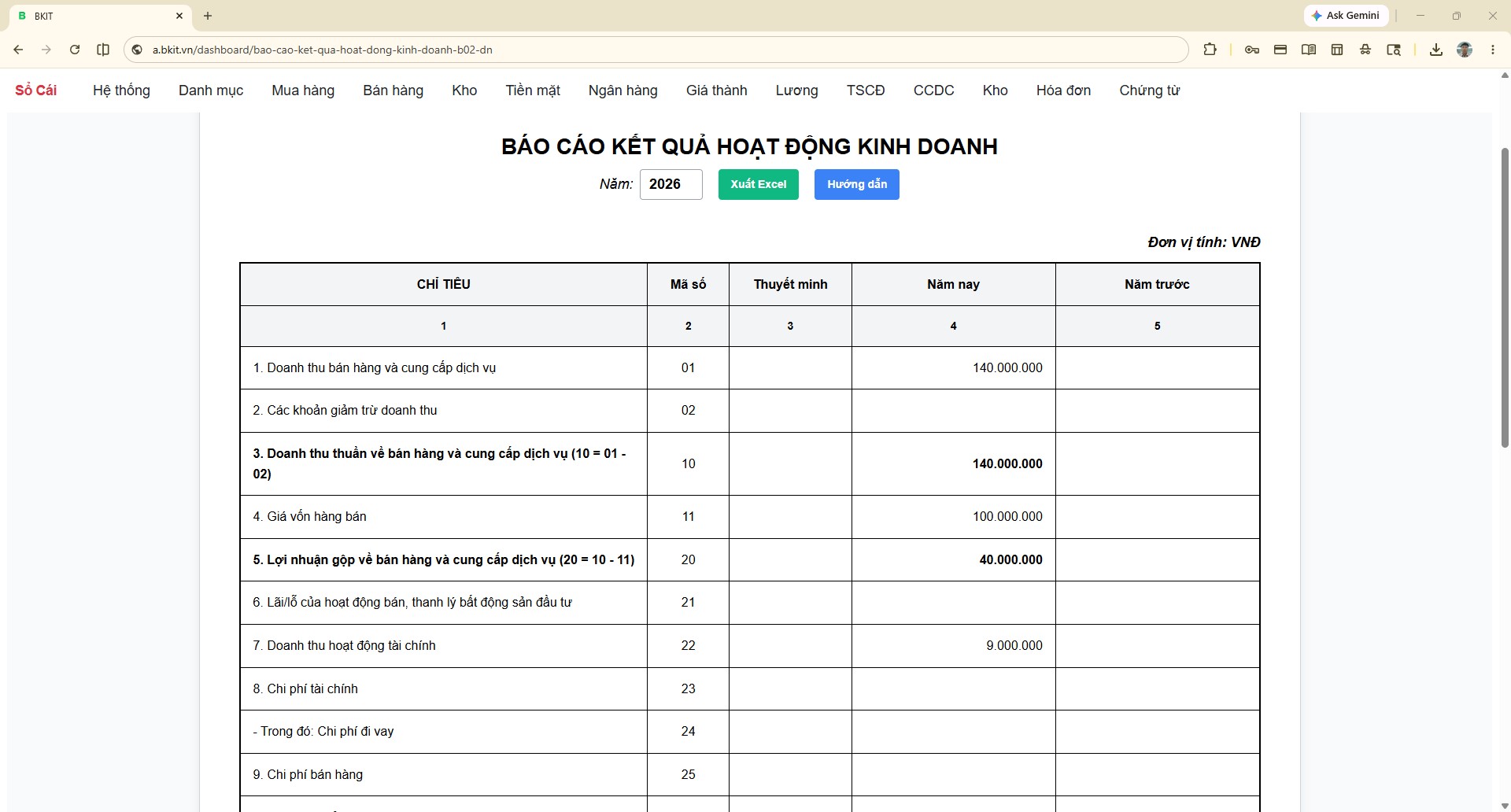 Phần mềm kế toán BKIT - Màn hình 2